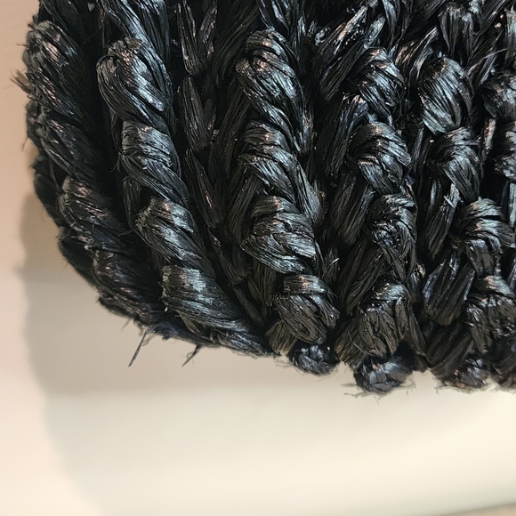 Vintage Wood Handle Purse Made in Japan Black Woven Acrylic Bowling Bag Shape - Picture 8 of 10